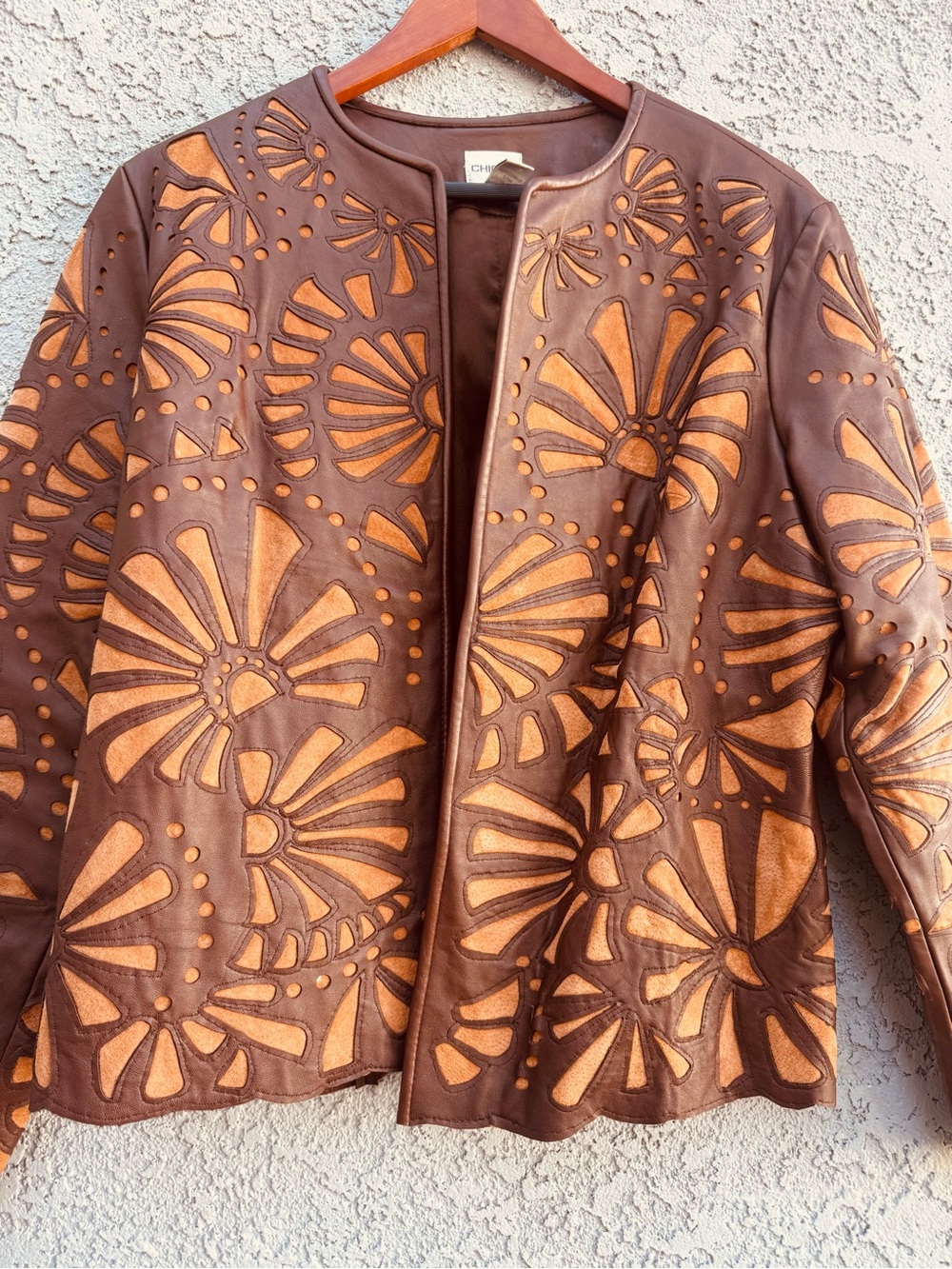 Vintage Chico's Genuine Leather Laser Cutout Jacket Brown - Size 2 (L) - Picture 10 of 11